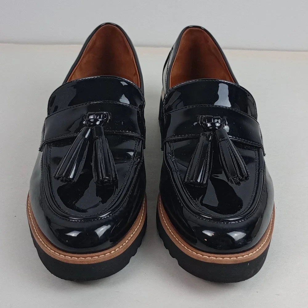 Franco Sarto Womens 10 Black Patent Tassel Platform Lug Sole Carolynn Loafers